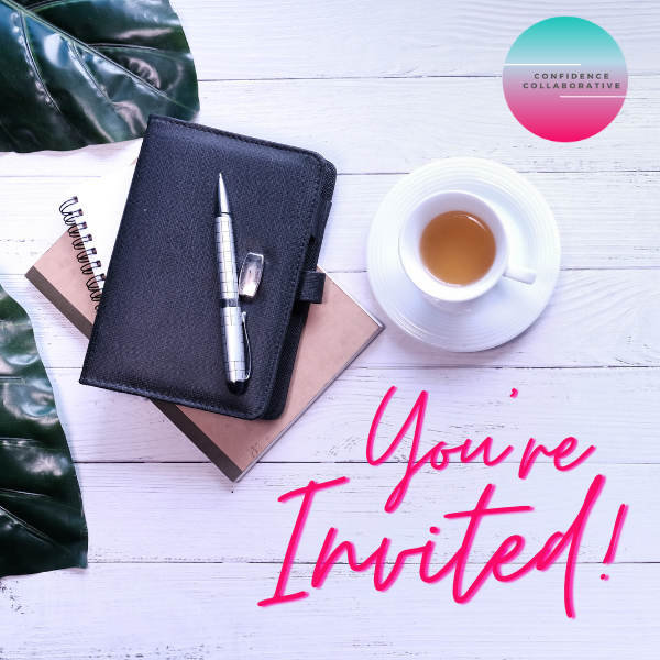 White background, tea cup and saucer with journal and pen. Message says' You're invited'.