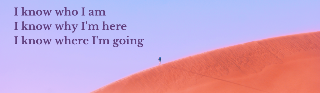 Person on a sand dune with purple sky. Says I know who I am, I know why I'm here, I know where I am going. The image shows someone looking for a direction in life and the words say what you need to know to find that direction through purpose and vision.